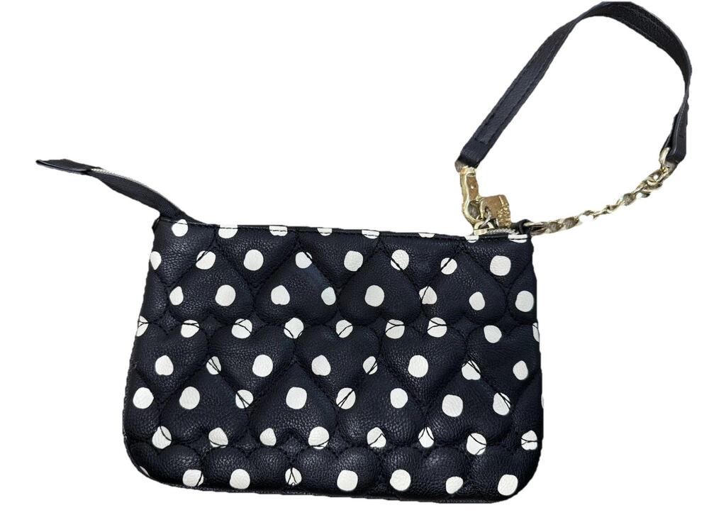Betsey Johnson Black/White Polka Dot Heart Quilted Zip Wristlet Bag Lined
